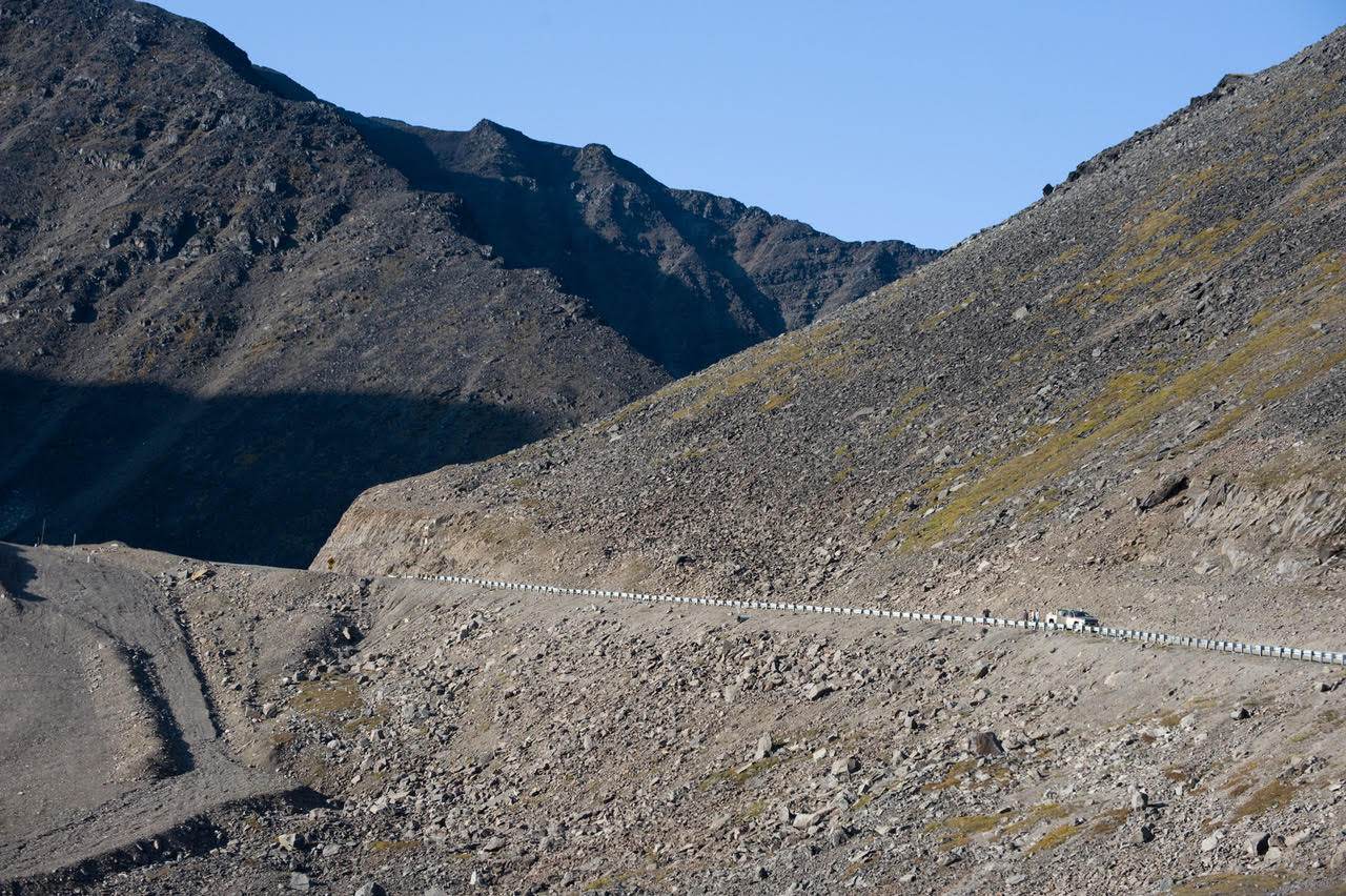Dalton Highway through Atigun Pass. About 250 miles from the Bering Sea. Once you’re through here, it’s boring tundra all the way to the Arctic Ocean!