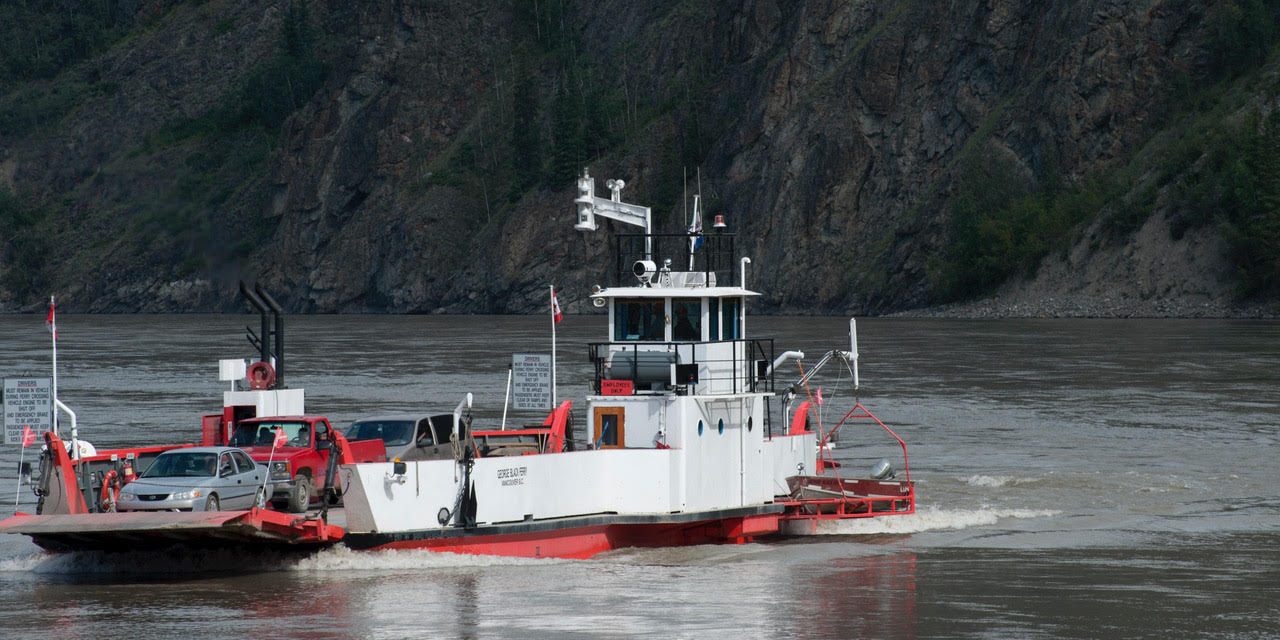 Dawson City Ferry on the Yukon River, arriving in Dawson City.